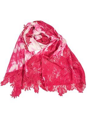 Carolina Amato Pink Red Fuschia Lace Applique Wool Silk Scarf Shawl Wool Silk